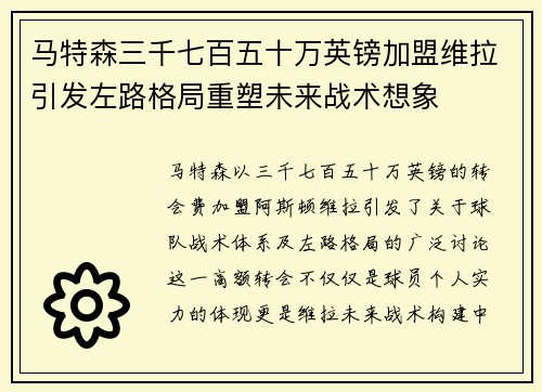 马特森三千七百五十万英镑加盟维拉引发左路格局重塑未来战术想象